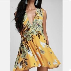 Free People Yellow Floral V-Neck Mini Dress